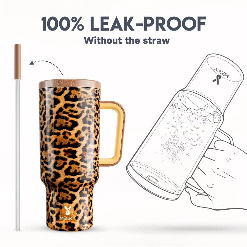 Meoky 40oz Cup Stainless Steel Water Bottle With Lid Leopard Snake Print Non-slip Vacuum Cup Portable Coffee Car Mug Milk Cup