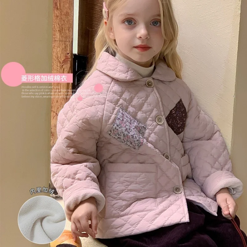 

Girls' Floral Quilted Jacket Winter New Style Lined Fleece Cotton Coat Children's Thickened Warm Cotton Clothing