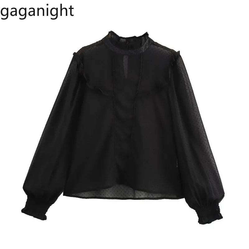 

Gaganight Shirts Women Ruffles Patchwork Long Sleeve Polka Dot French Style Chic Summer Fashion Elegant Blouse Ladies Tops