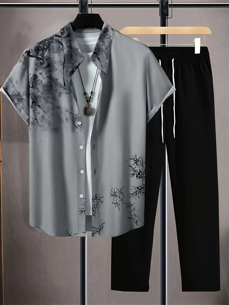 Two-color Patchwork Autumn Men's Short-sleeved Shirt Set, Urban Street Fashion Trend Men's Autumn Warm 2pcs Shirt Set S-2XL