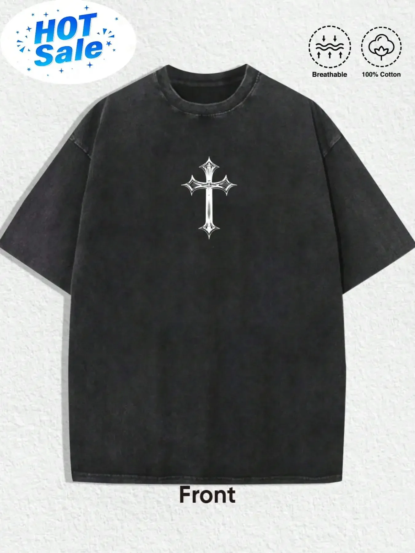 1 PCS 100% Cotton Vintage Washed Black Tee With Front Intricate Cross & Back Realistic Jesus In Crown Of Thorns Graphic, Breatha