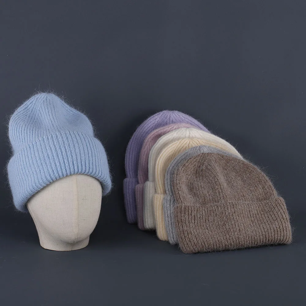 2024 Kaninchen Fell Mützen Weiche Warme Flauschige Winter Hut für Frauen Angora Gestrickte Hut Skullies Beanies Weibliche Motorhaube Frau Stricken Kappe – Detail 19