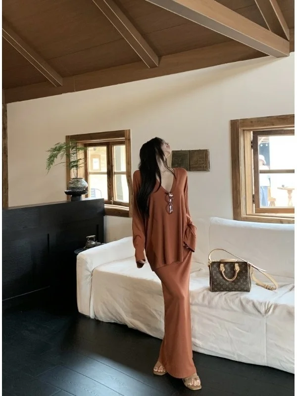 

Женская однотонная свободная футболка с v-образным вырезом и юбка с запахом, комплект из двух предметов, повседневная удобная мода на осень