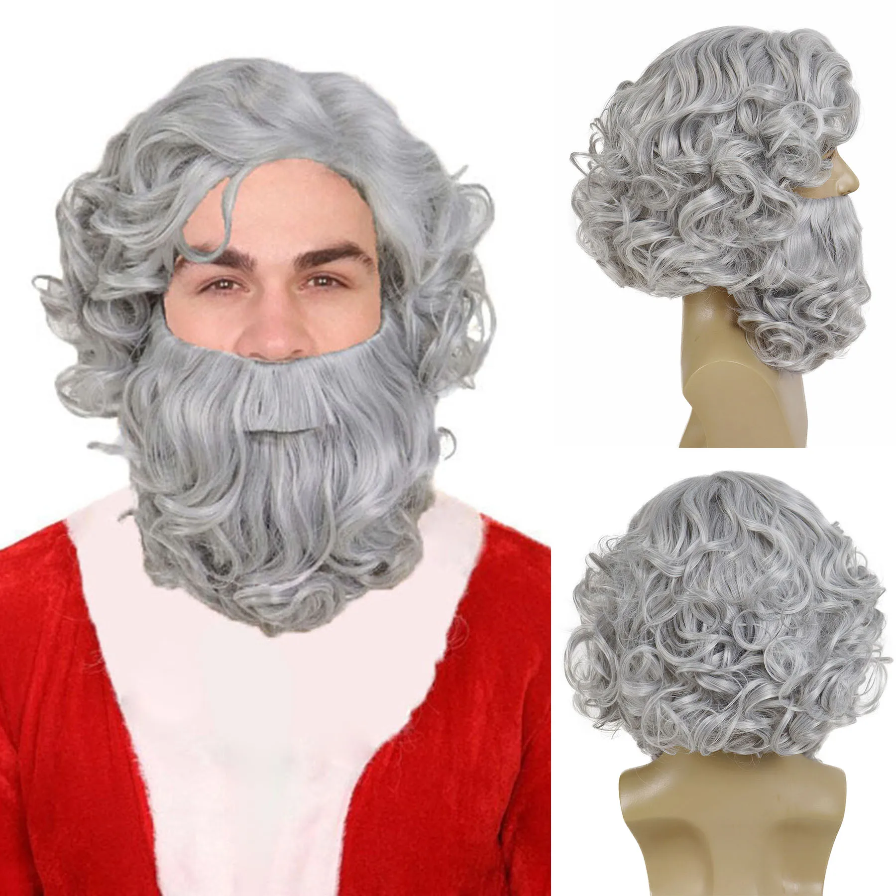 

Synthetic Wizard Beard and Wig Sets Short Gray Old Man Curly Wig Costume Zeus Cosplay Suit Grey for Men Carnival Christmas Party