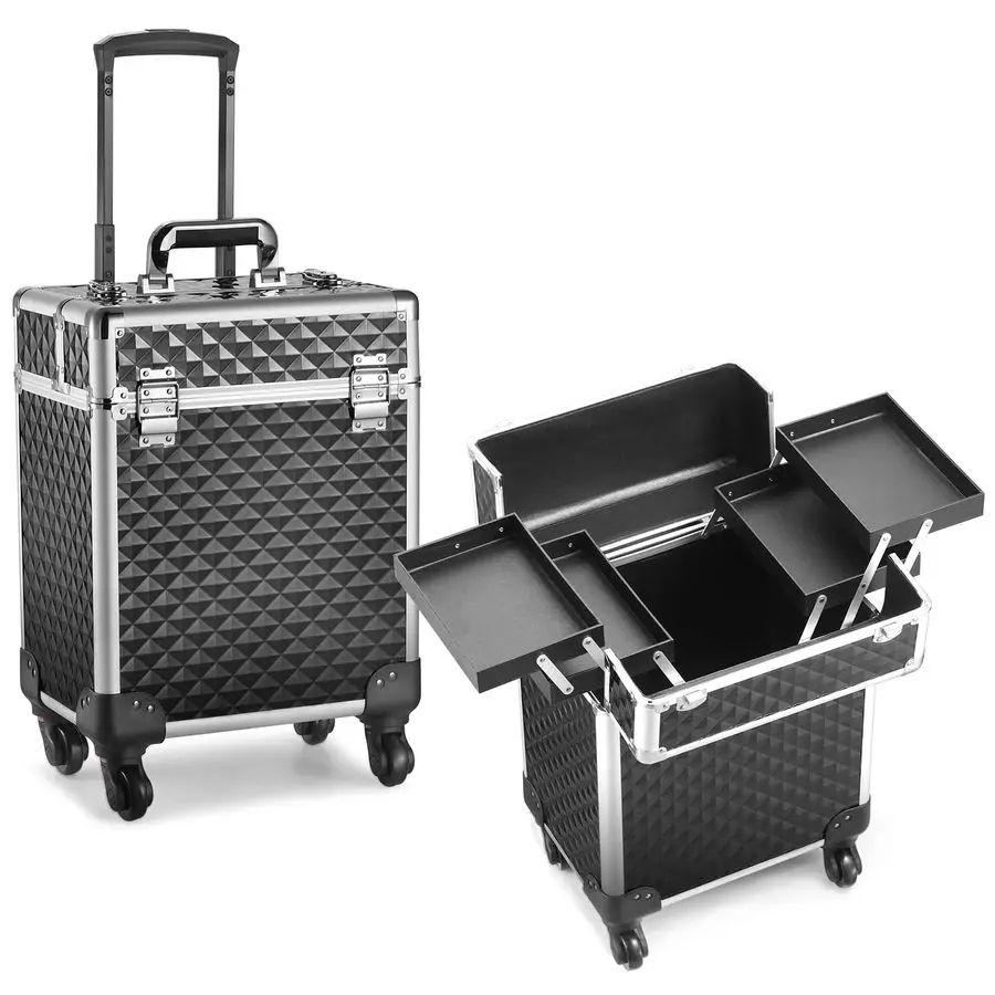 

Makeup Train Case Large Cosmetic Trolley Organized Aluminum Barber Case for Hairstylist Makeup Nail Tech Salon with Keys Swivel