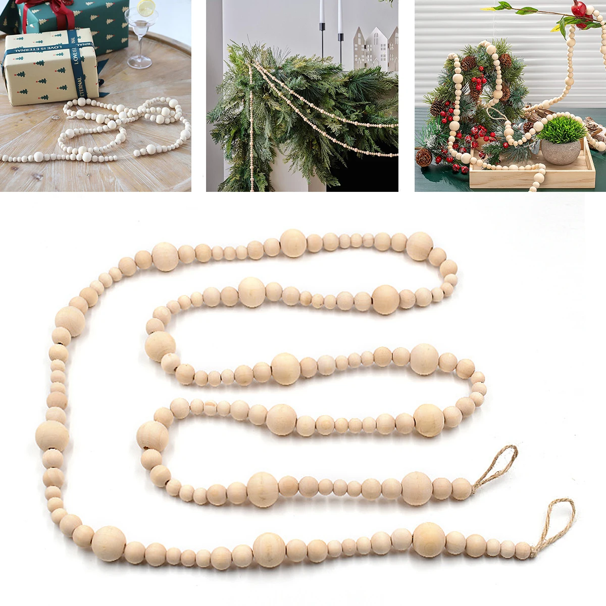 Pastoral Style Log Color Wooden Beads Creative Hemp Rope Beading Children's Home Decoration Craft Pendant Corrosion-Resistant