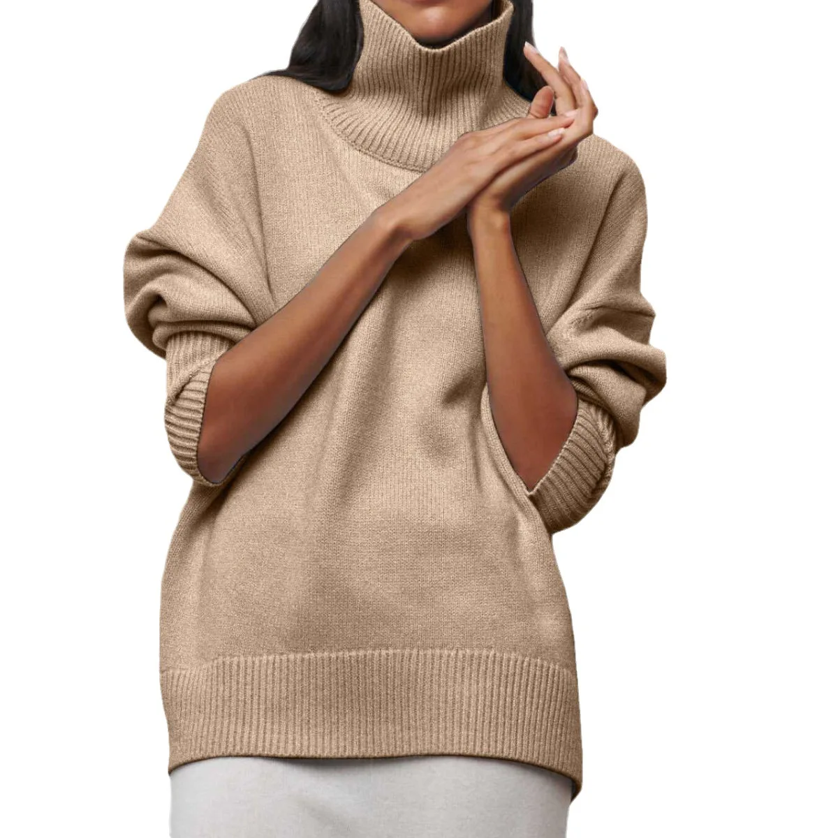 Original Light Luxury O-neck Knit Sweater Autumn And Winter Women\'s Elegant Loose Mock Neck Solid Color Warm Outerwear Sweater
