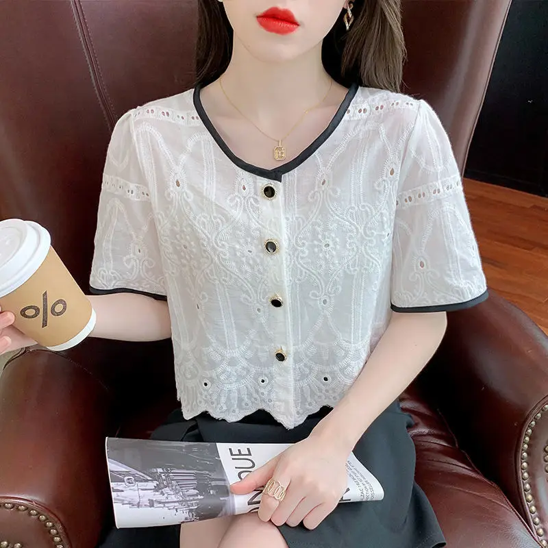 Women\'s Clothing Summer Button Short Sleeved Cardigan Hollow Out Round Neck Contrast Color T-shirt Casual Elegant All-match Tops