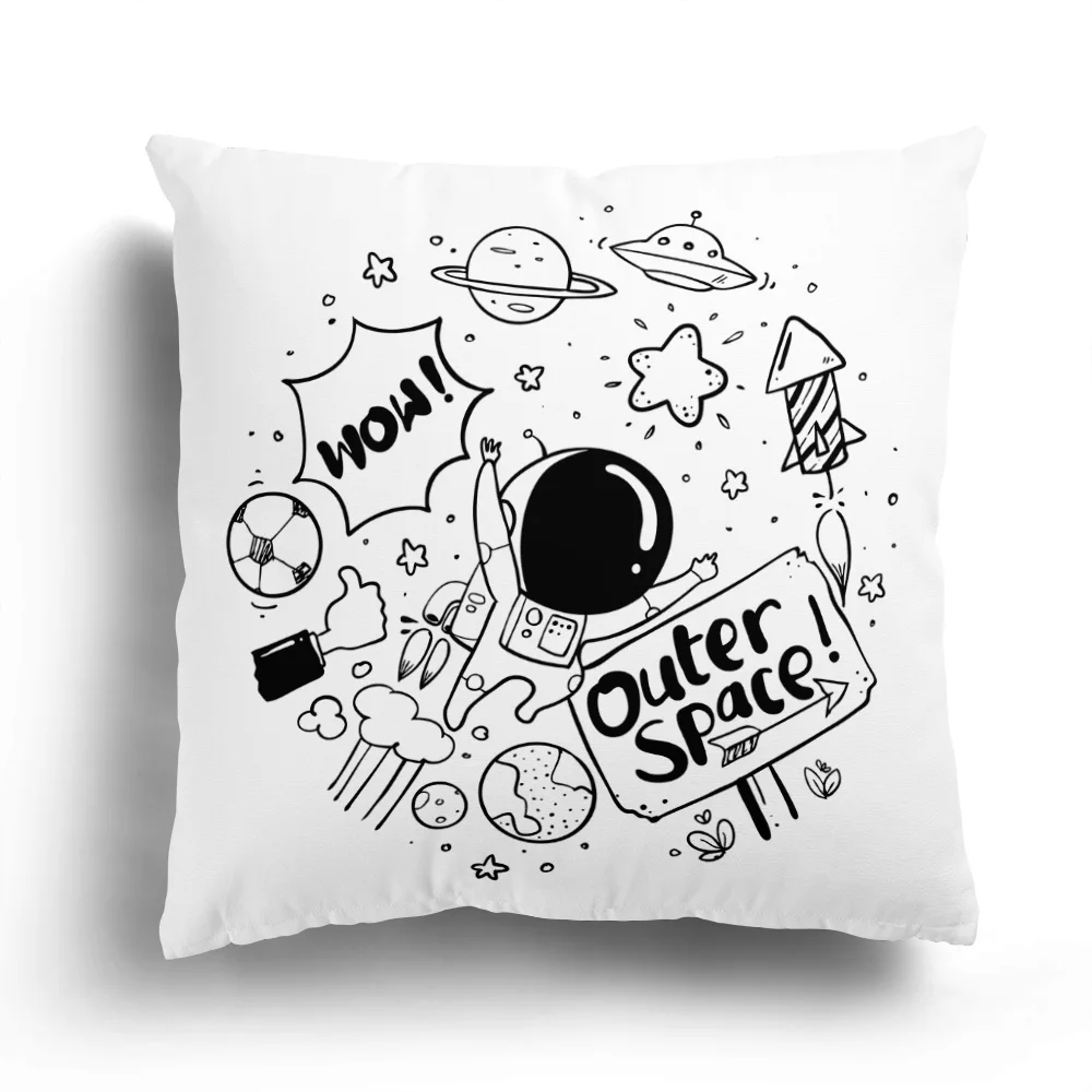 Home Sofa Cushion Cover Cartoon Pattern Pillowcase Fashion Black and White Star Astronaut Plush