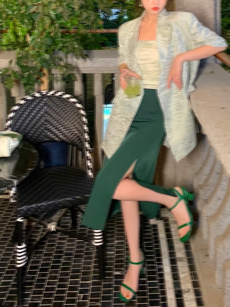 Green Floral Embroidery Loose Fit Short Sleeve Midi Jacket Hong Kong Style Women's Business Casual Fashion Spring Summer Top