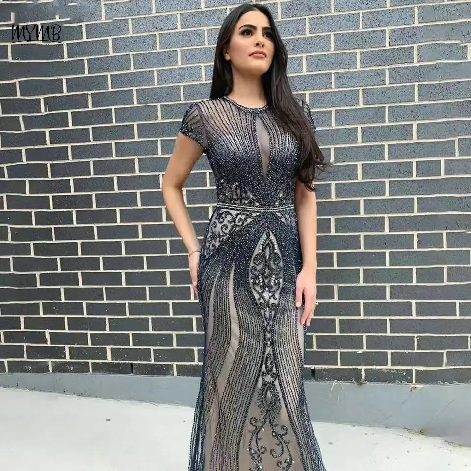 

MYMB Grey Stunning Women Mermaid Sheath Evening Dress Luxury Beaded Short Sleeves Arabic Wedding Party Gowns Customized DKN1950