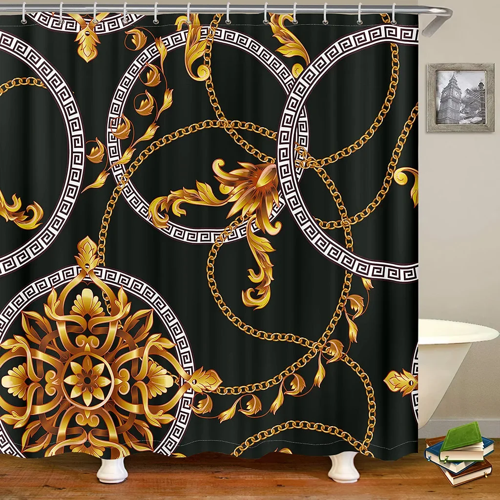 Black Gold Custom Brands Designer Logo Flower Luxury Baroque Waterproof Fabric Shower Curtain for Bath Bathroom Decor 12 Hooks