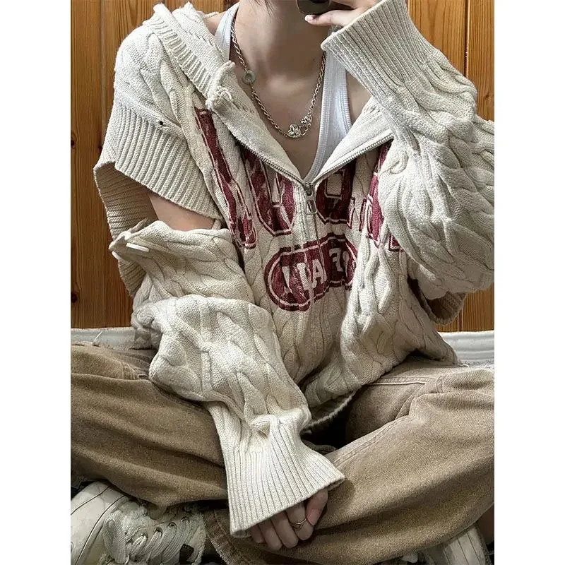 

Hip Hop Streetwear Oversized Sweater Women Letter Cardigan Autumn And Winter Versatile Detachable Knit Loose Pullover Top