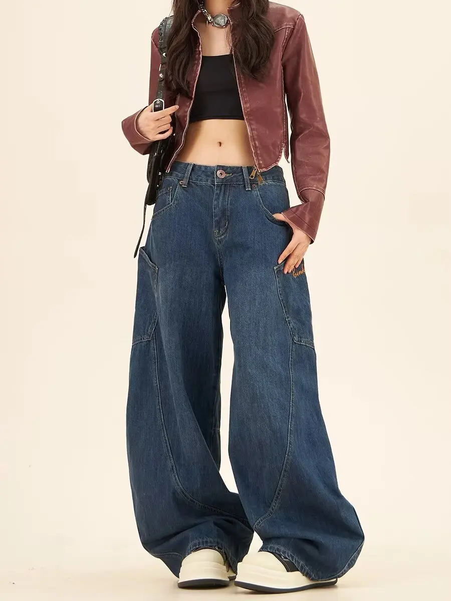 HOUZHOU Baggy Cargo Jeans Women Denim Pants Female Harajuku Pocket High Waist Loose Casual Trousers Autumn Y2K Vintage Clothes