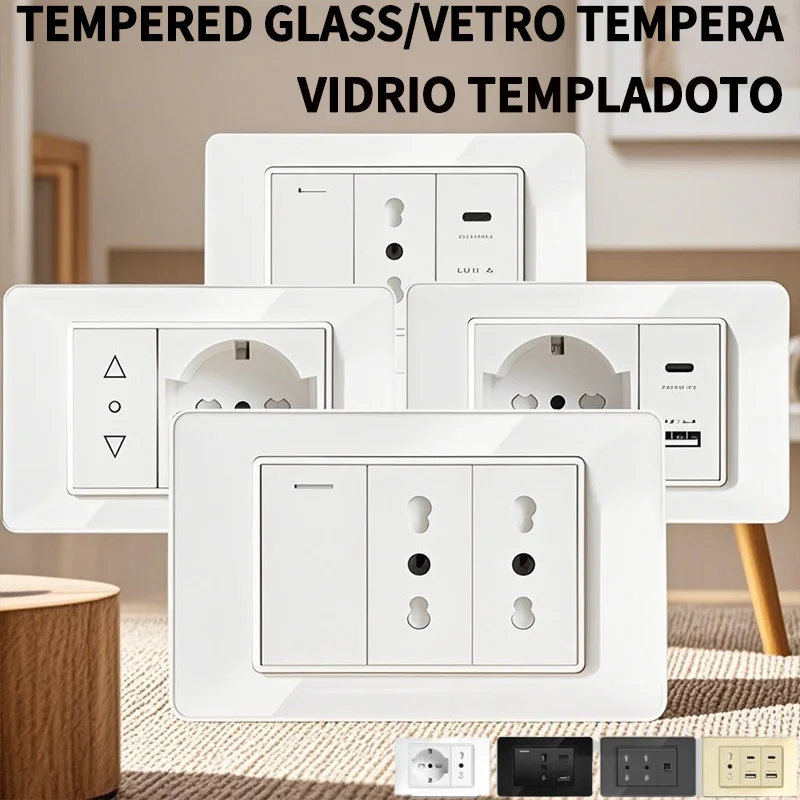 

​​Contemporary 118x75mm Wall Socket with 3-Port USB-C - Italy/Chile Schuko Outlet & LED Status Indicator​ Switch