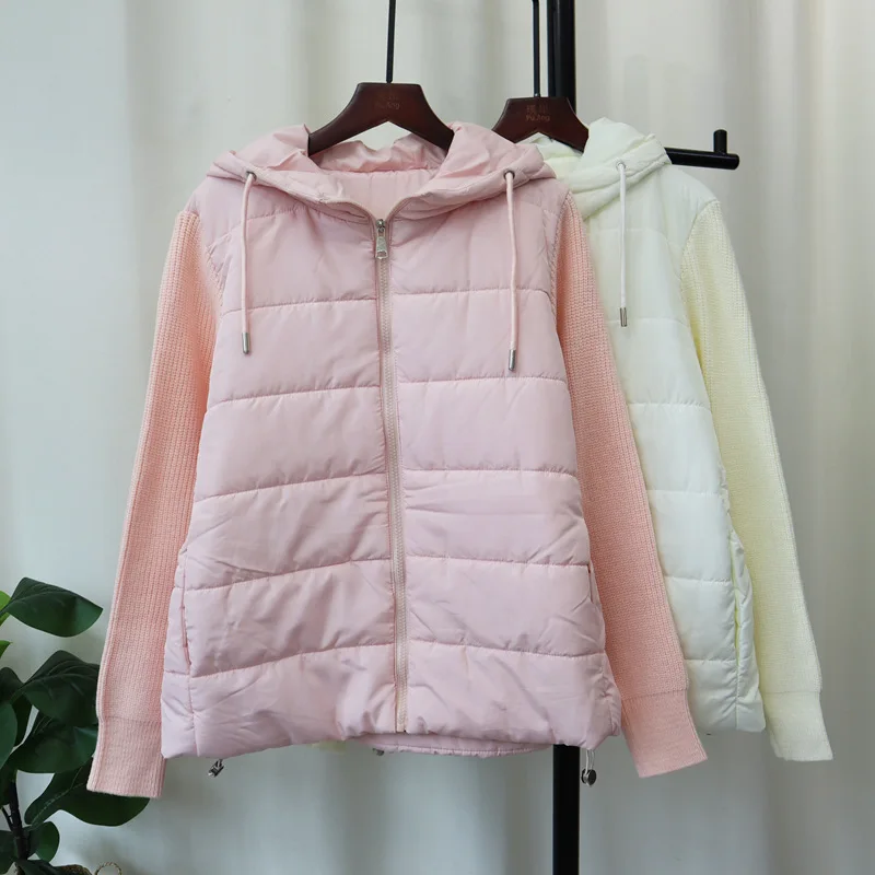 Women Knitted Parka Jackets Hooded Short Coats Casual Jackets White Long Sleeves Zipper Drawstring Hem Loose Elegant 2025 Winter