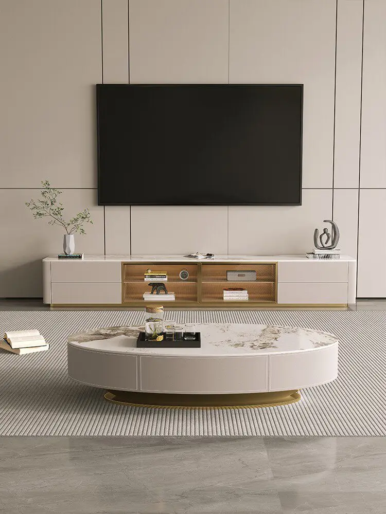 

Italian light luxury high-end slate TV cabinet coffee table combination modern simple solid wood household saddle leather floor-