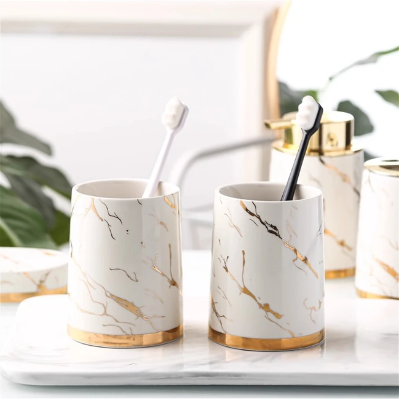 1pc Ceramic Toiletries Lotion Bottle Toothbrush Holder Toothbrush Cup Soap Dish Bathroom Accessories Imitation Marble Texture
