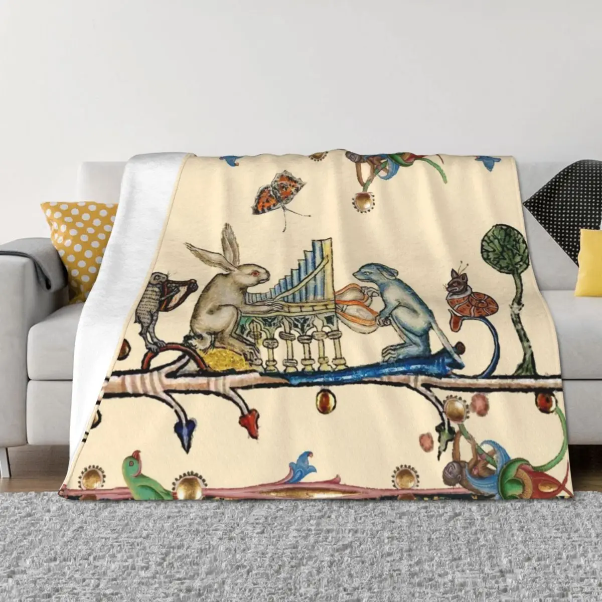 

WEIRD MEDIEVAL BESTIARY MAKING MUSIC,White Rabbit And Dog Playing Organ,Harpist Hare,Snail Cat Throw Blanket