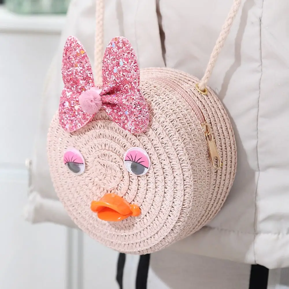 Creative Handwoven Kids Straw Bag Cartoon Round/Shell Shape Crossbody Bag Princess Handbag for Children Girls