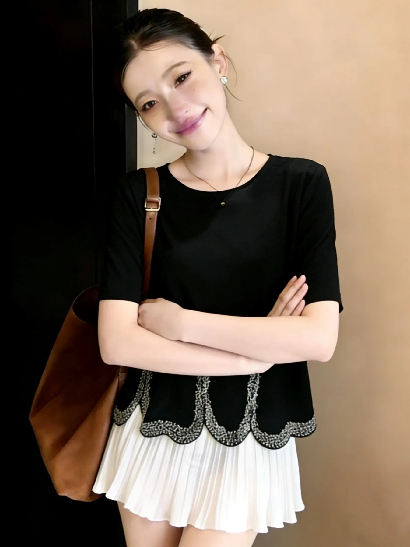 

plus Size Women's round Neck Short Sleeve T-Shirt Summer Inner Wear Diamond Padded Slimming Paneling Fake Two-Piece Top