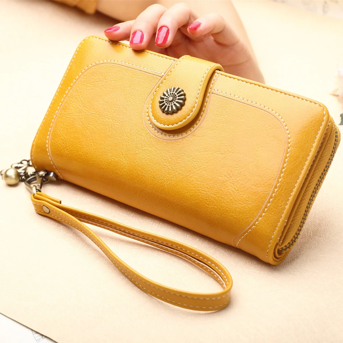 

Phone Bag For Women Women Wallet Premium Pu Triple Fold Long Purse Multiple Card Slots Zipper Pocket Yellow