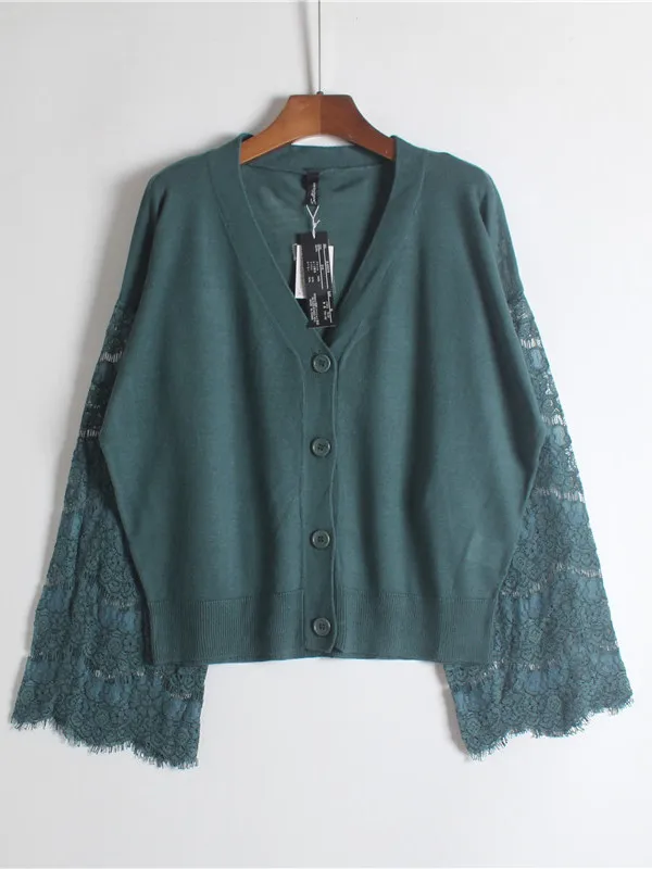 Cardigan aperto lavorato a maglia lungo sottile Sve colore puro versione ampia V Ne pizzo splicing oulderl abbigliamento donna di inizio autunno