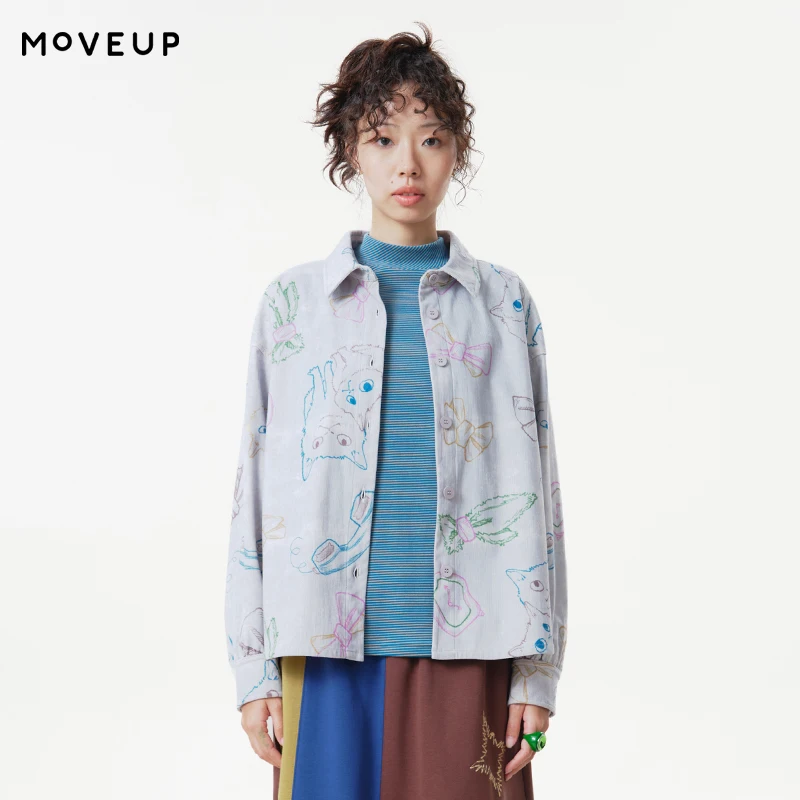 MOVEUP Women's Lapel Corduroy Shirts 2026 Autumn Line Art Cartoon Print Long Sleeve Tops Loose Button Down Shirts 3ELQ10402