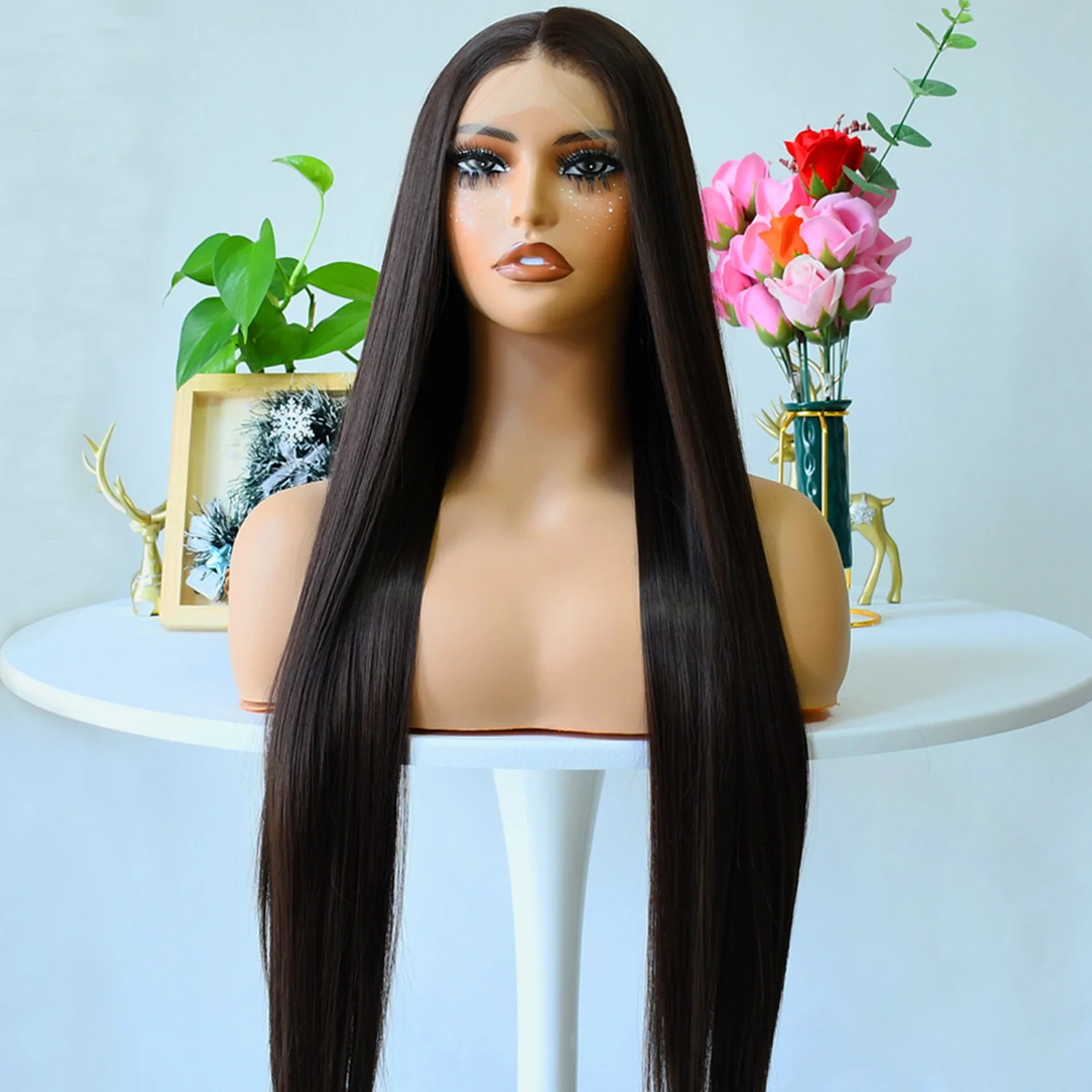 

Шоколадно-коричневые прямые парики фронта шнурка 13x4 HD Прозрачный парик фронтальной части шнурка Предварительно выщипанный синтетический парик Плотность 200%