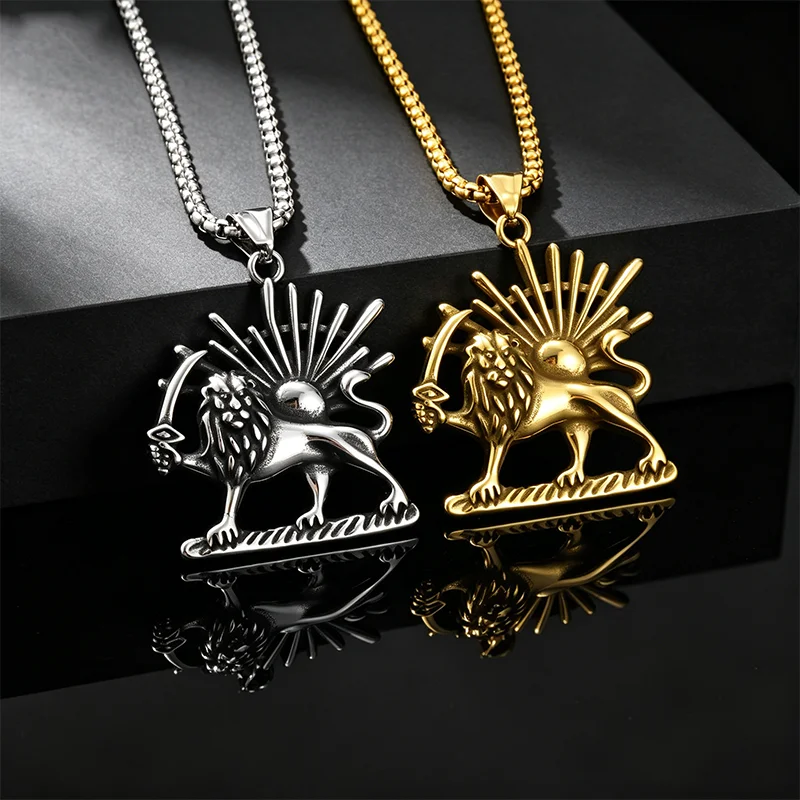 Persischer Löwe und Sonne Anhänger Halskette für Männer, Edelstahl Persien Shamshir Löwen-Halskette, Iranischer Modeschmuck Geschenke – Detail 7