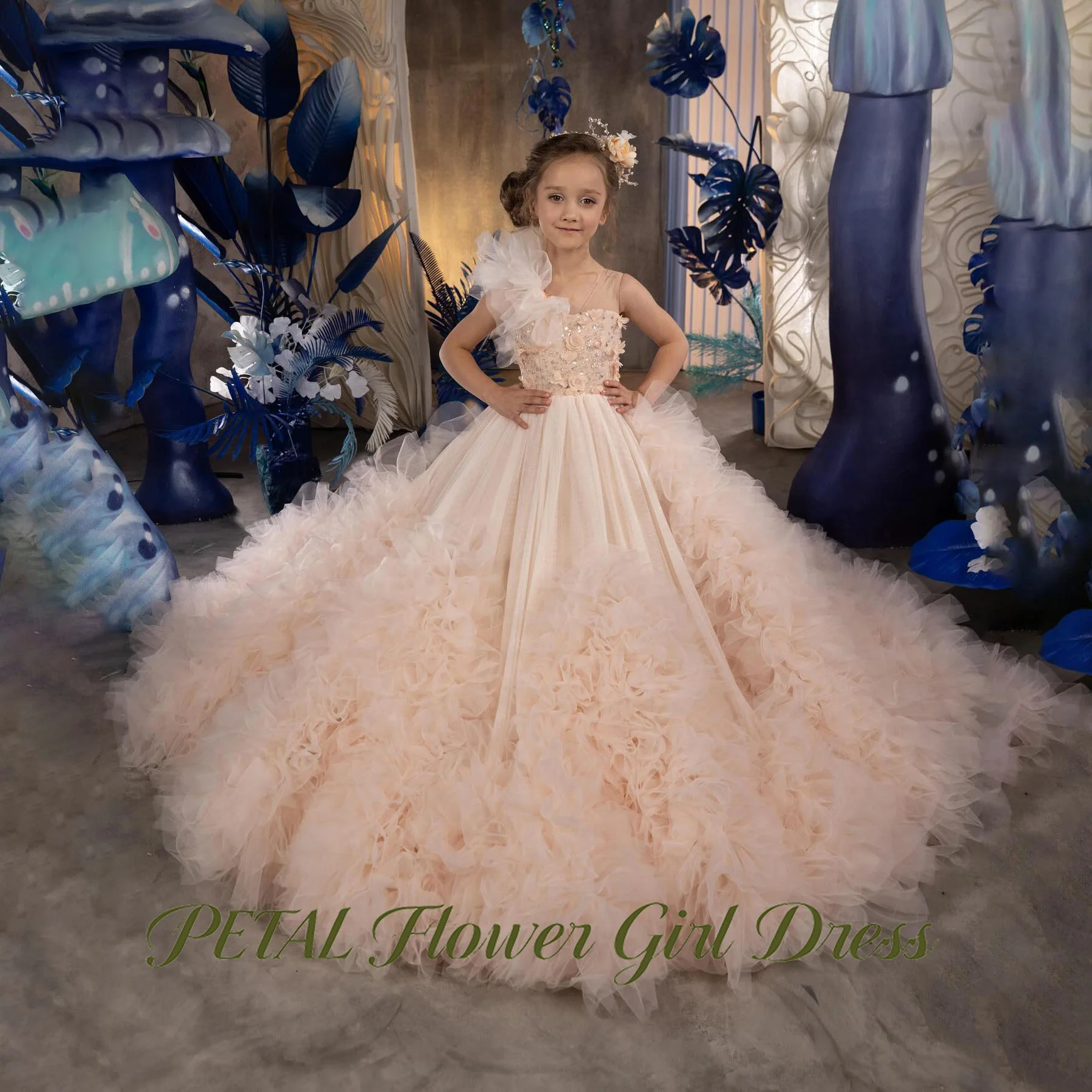 

Petal Blush Pink Flower Girl Dress with Ruffles Ball Gown Party Dresses with Applique Fluffy Girls Princess Dress Customized
