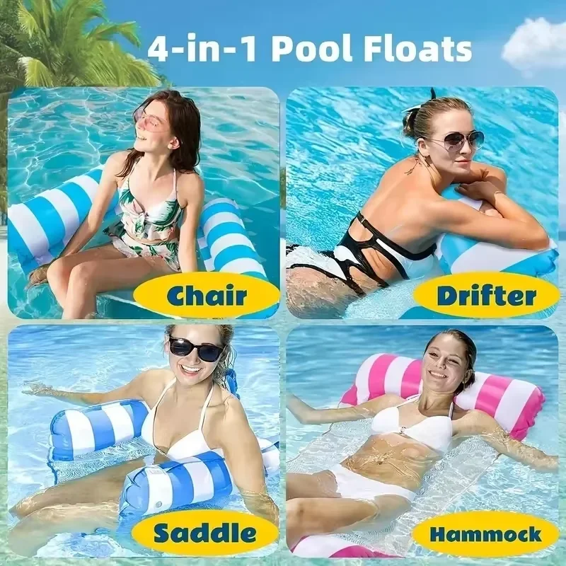 

Water Hammock Lounger Foldable Floating Inflatable Pool Mat Striped Floating Recliner With Net Backrest Beach Leisure Parties