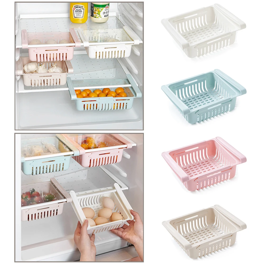 Adjustable Kitchen Fridge Storage Rack Home Organizer Food Container Refrigerator Drawer Storage Boxes Rack Retractable Shelf