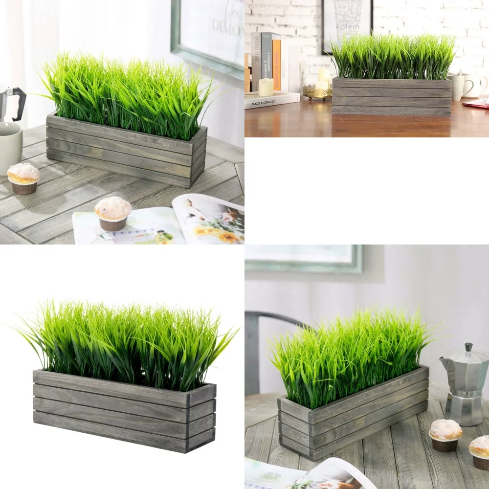 

Artificial Faux Grass Plant in Vintage Gray Wood Crate Planter Window Box for Home Garden Decor Indoor Outdoor Greenery