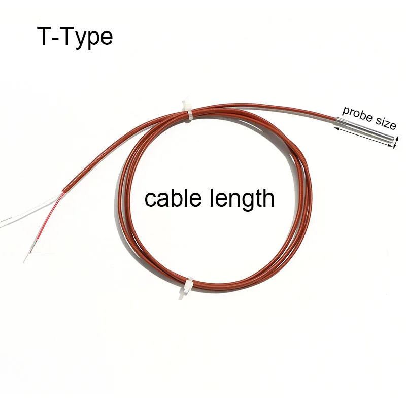 1PC T-Type PTFE Waterproof Thermocouple 1M/2M/3M Temperature Sensor Liquid Temperature Measurement Small Probe  Thermocouple