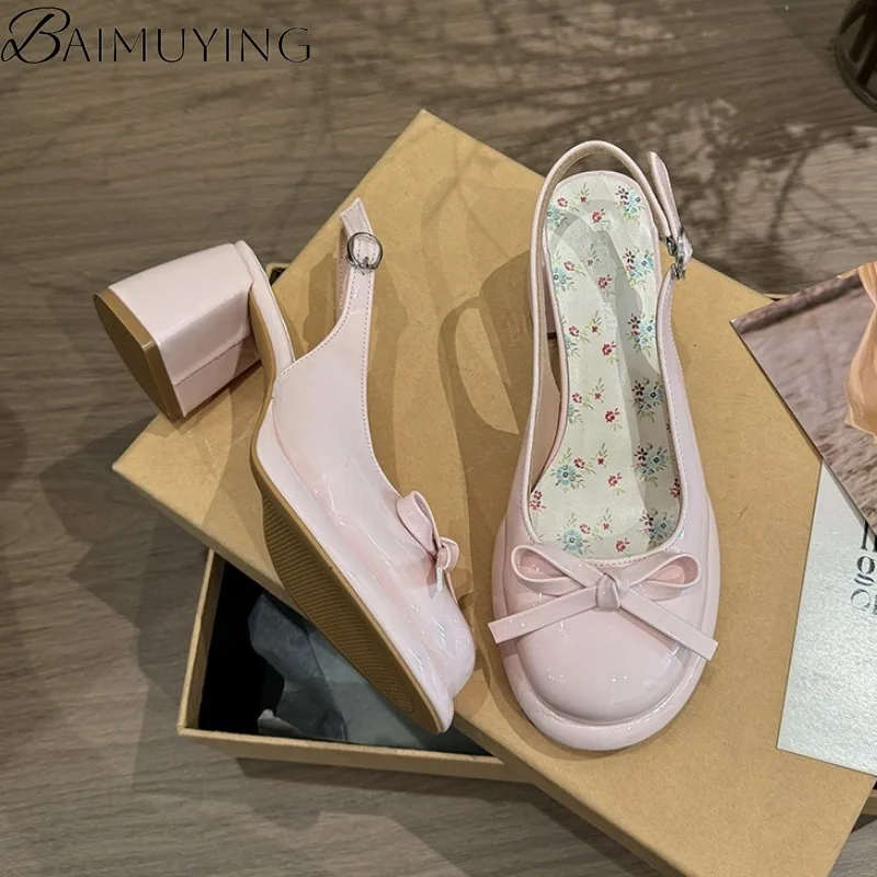 Bow Women Heeled Sandals Platform Loafers Shoes Woman Slingback 2025 Trend Dress Shallow Summer Pumps Soft Leather Sandalias