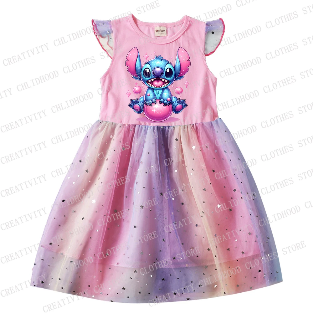 New Stitch Girl Dress Kids Flying Sleeve Summer Dresses Disney Children Fashion Kawaii Cartoons Baby Casual Girls Gauze Clothes