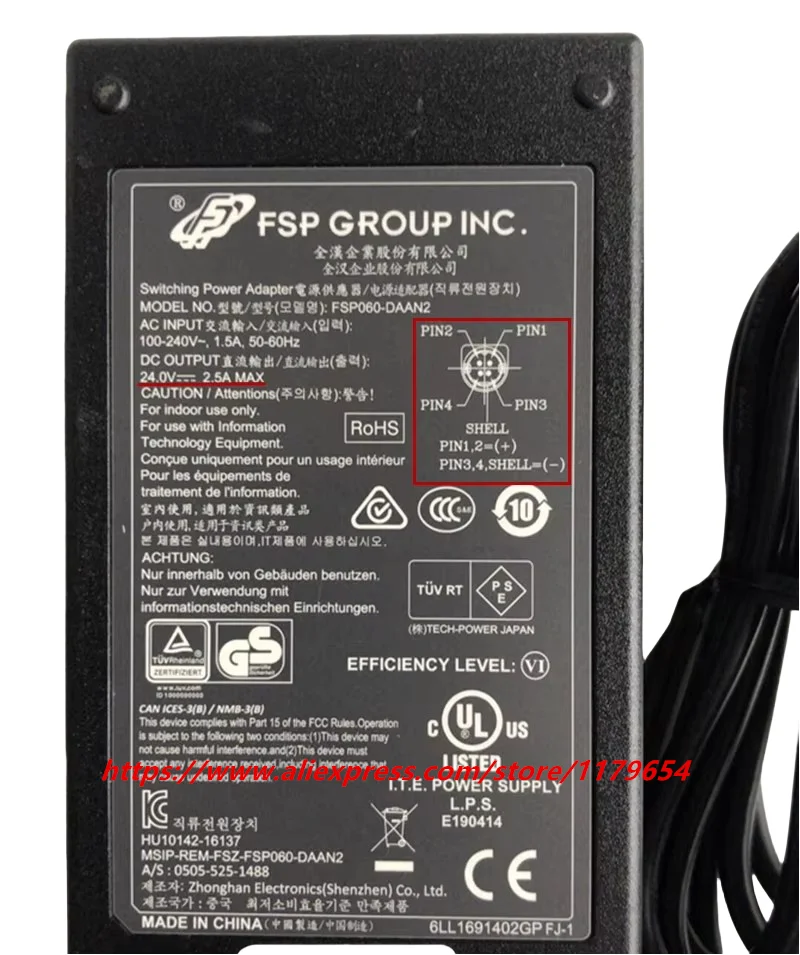 Genuíno fsp FSP060-DAAN2 24v 2.5a 60w 4pin comutação adaptador de alimentação ac carregador portátil para fsp060daan2 h00000901 HU10142-16137