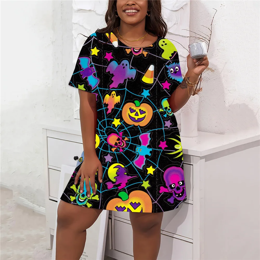 Halloween Women Party Mini Dresses Casual Short Sleeve Loose A-Line Dress Summer Autumn Fashion Plus Size Women Clothing 8XL 9XL