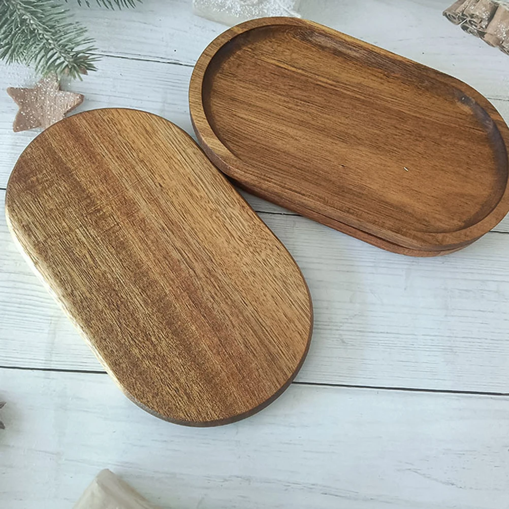 

2pcs SolidWoodTray ShallowCoffeeColor DurablePractical VersatileFoodTray ExquisiteAdornment WoodenServingPlate KitchenHelper