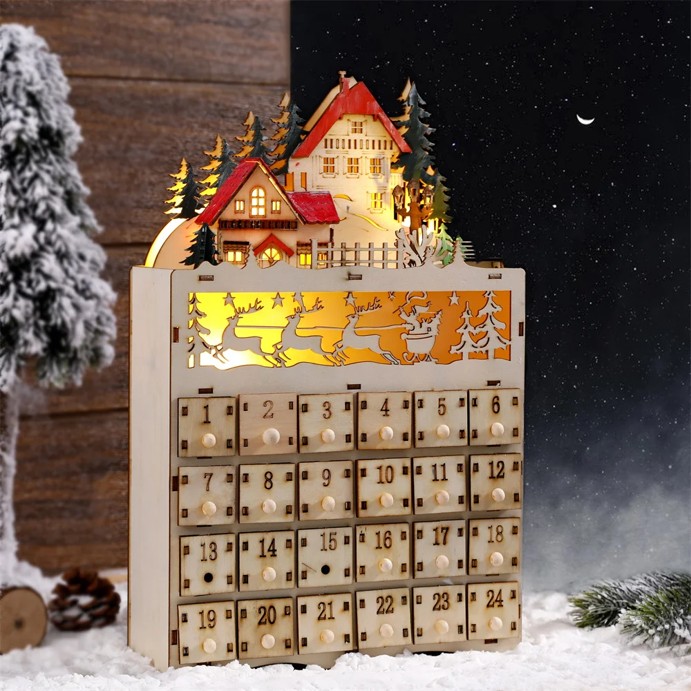 

Christmas Wooden Advent Calendar with LED Light 24 Storage Drawers Christmas Countdown Calendar for 2023 Holiday Decoration