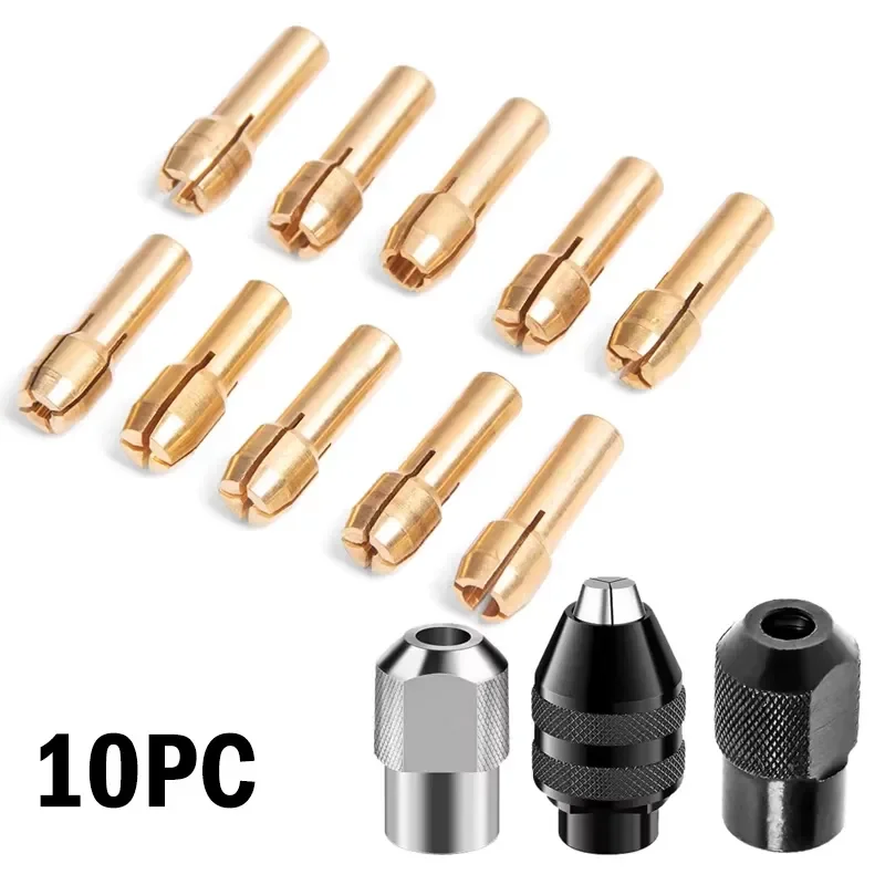 10PC Electro Grinding Copper Collet Set 0.5-3.2mm Range 4-Petal Copper Collets with Locking Mother Collet for Dremel Mini