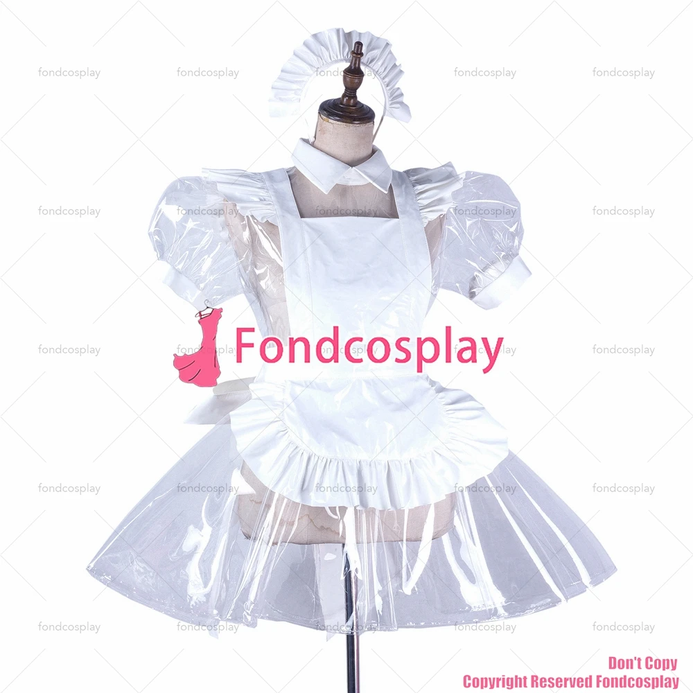 fondcosplay adult sexy cross dressing sissy maid short clear pvc dress lockable Uniform white apron costume CD/TV[G2191]