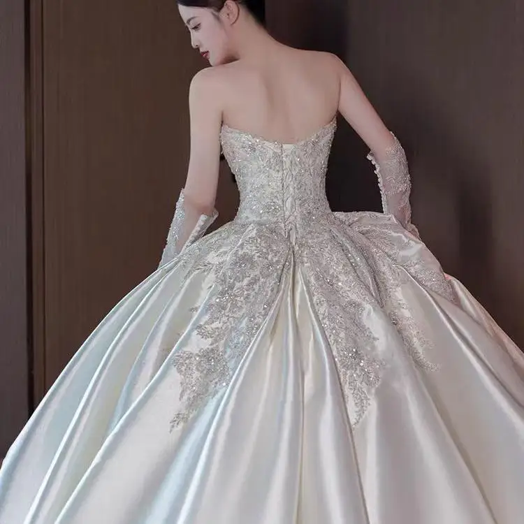 Abito da sposa in raso di seta Dr 2024 New Sle Or plus Size Abito da sposa con cintura ricamata a vita alta con coda lunga fino al pavimento