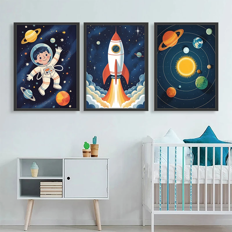 Cartoon Space Solar System Canvas Wall Art Set Colorful Rocket Astronaut Planet Print Poster Boys Themed Nursery Playroom Decor