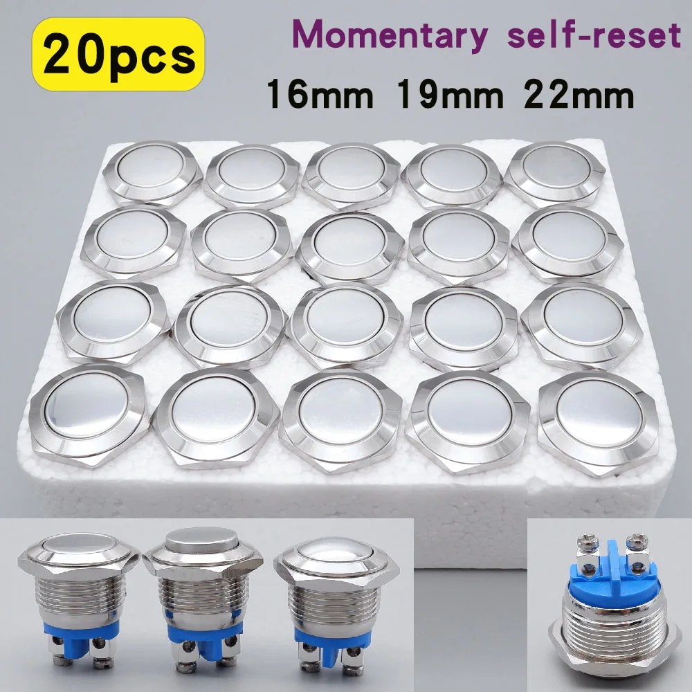 

20pcs 16/19/22mm Momentary Reset Metal Push Button Waterproof Switch Screw Terminal Doorbell PC Power Switch Flat High head 1NO