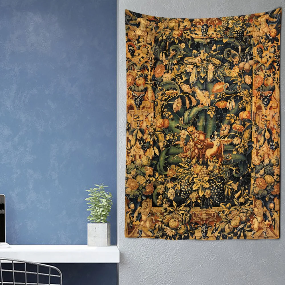 Medieval Retro Style Tapestry Flower Animal Pattern Bedroom Dormitory Kitchen Wall Hangings Aesthetic Home Decorations Decor