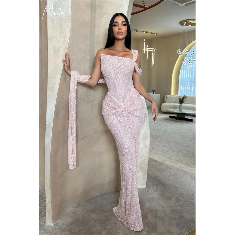 

Mila Pink Beaded Pleats Prom Dresses Skinny Strapless Customized Formal Evening Charming Floor-Length vestidos de fiesta 2025