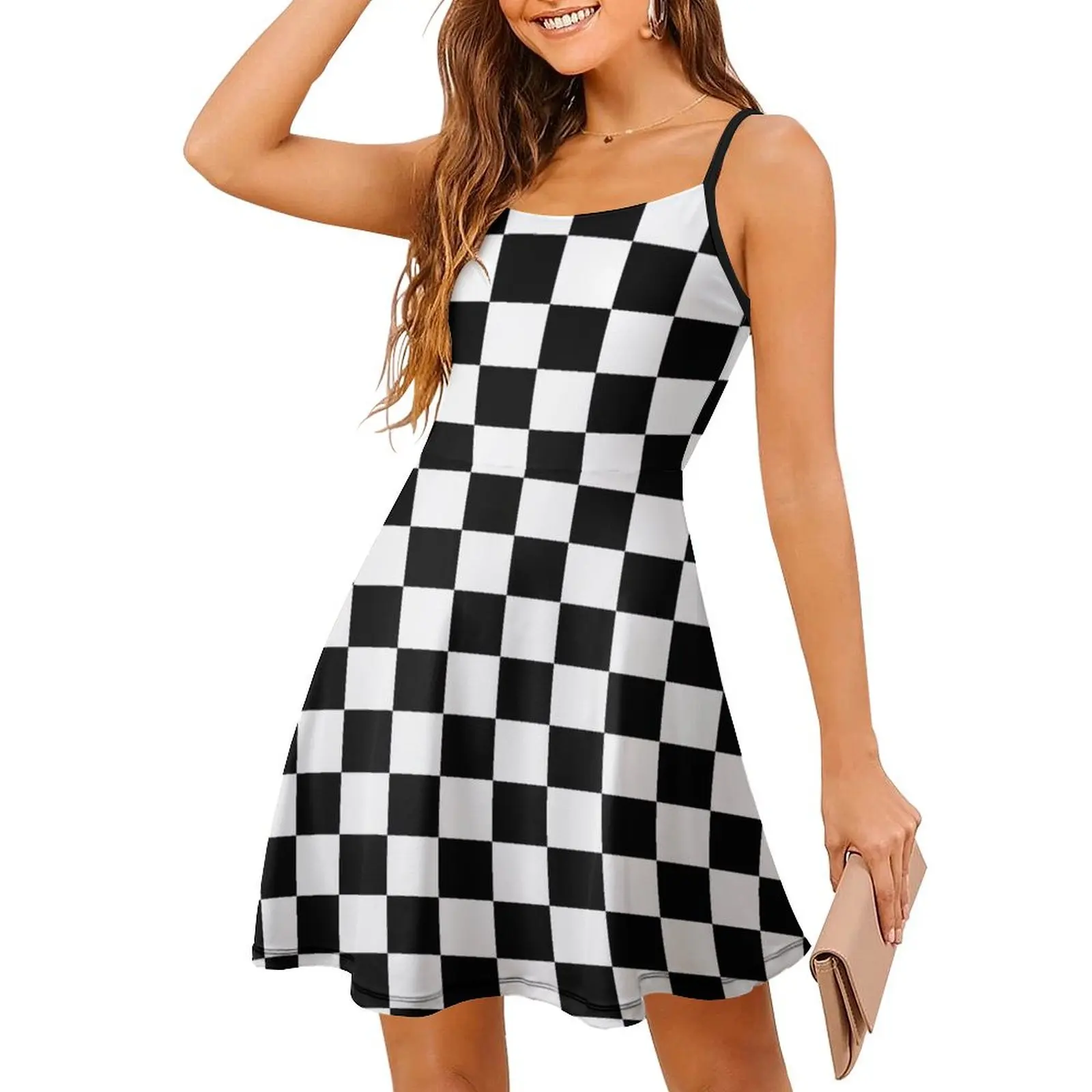 

Small Black White Check Motorsport Race Flag Checkered Skirt Pillow Sling Dress Women's evening dress long dress women summer