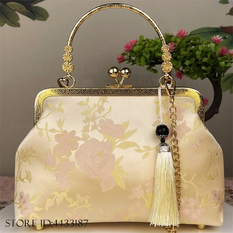 Vintage Women's Handbag Chinese Style Print Floral Tote Bag Fashion Silk Satin Chain Saw Shoulder Crossbody Bag Qipao Shell Bags